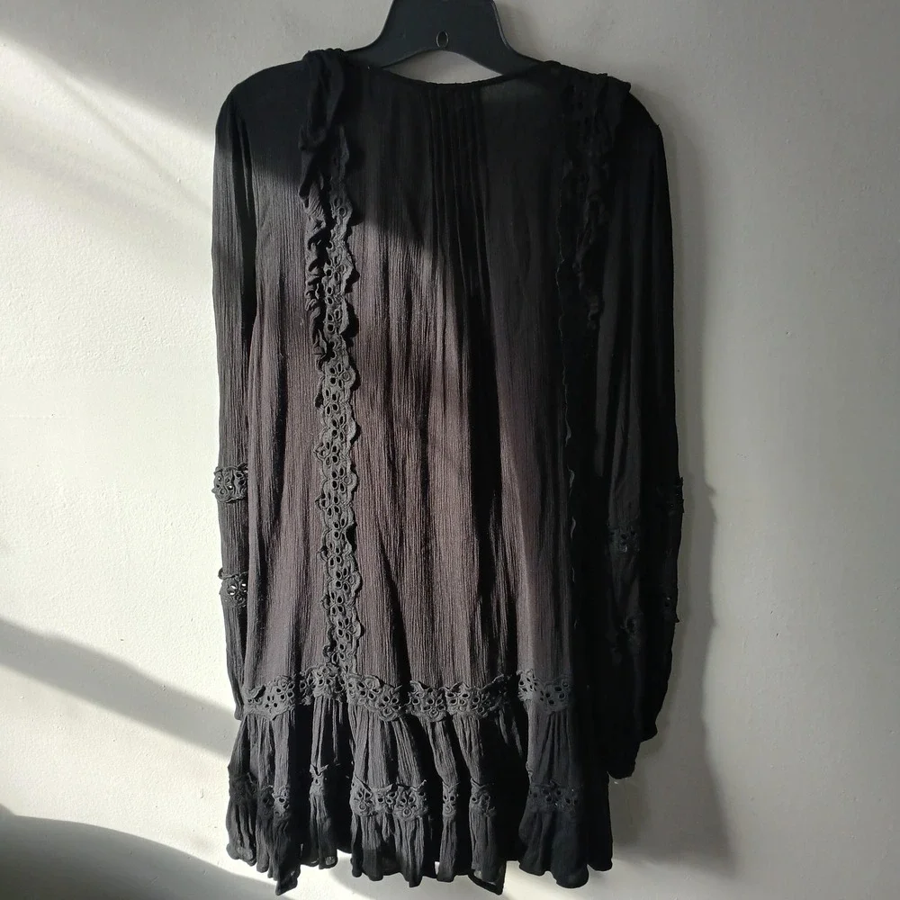 Free People Size Small Snow Angel Mini Dress Black Long Sleeve‎ Bohemian Slip - Picture 11 of 13